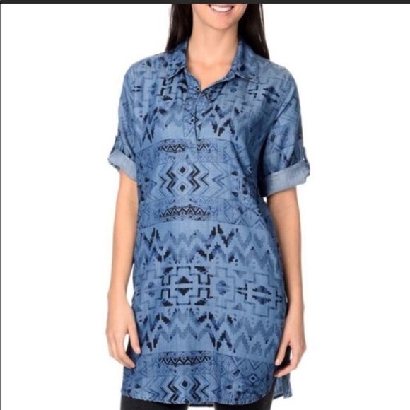 PHILOSOPHY | Aztec Chambray Dress Blue Size Large - Picture 1 of 7